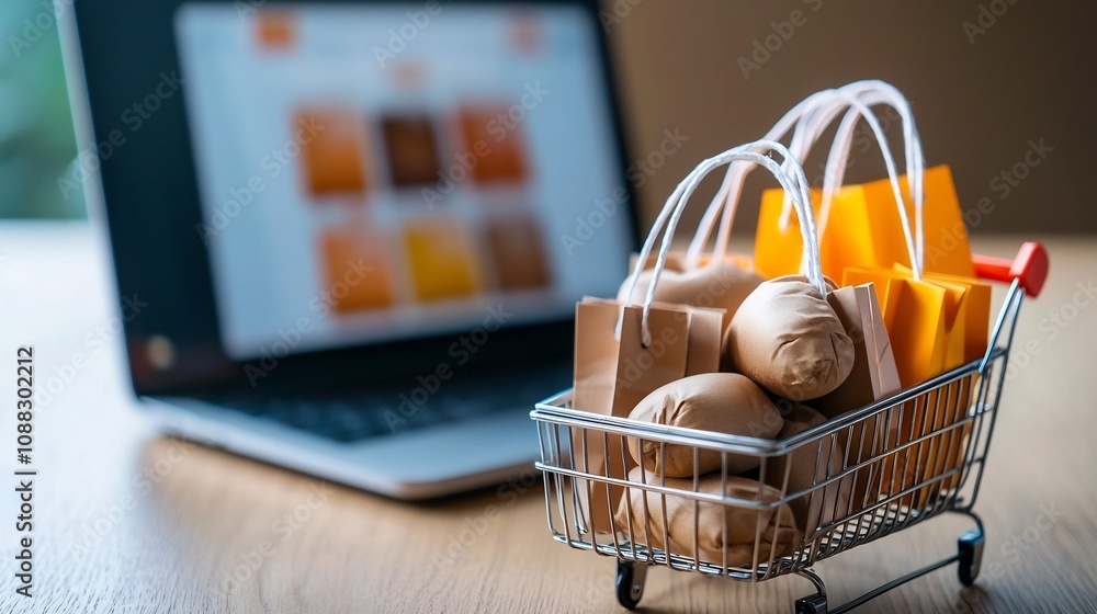 Aufkleber Shopping Cart Filled with Bright Mini Bags and Fragile Boxes Positioned in Front of a Laptop with an Online Store Screen Symbolizing Digital Consumerism and the Appeal of Online Shopping