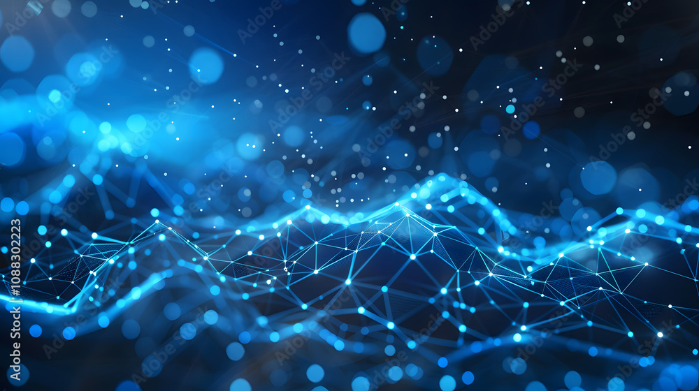 Fototapete banner with blue abstract background with a network grid and particles connected.sci-fi digital tech