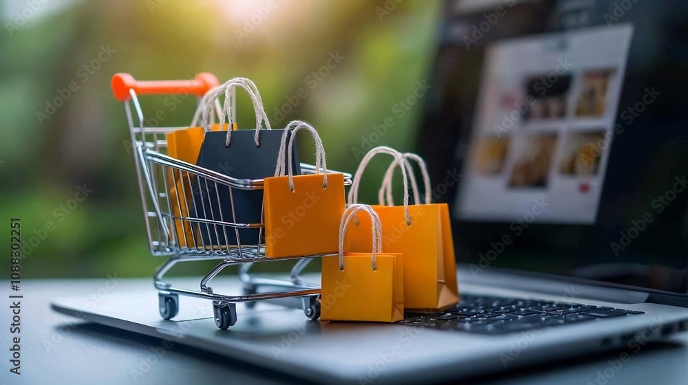 Poster Online shopping cart filled with bright mini bags and fragile boxes positioned in front of a laptop with an e commerce store screen