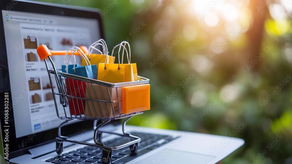 Poster Vibrant shopping cart loaded with small colorful bags and fragile marked boxes displayed against a laptop with an open online retail website