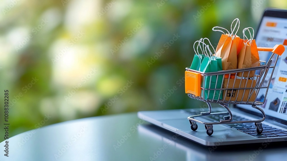Poster vibrant shopping cart loaded with small colorful bags and fragile marked boxes against a laptop with