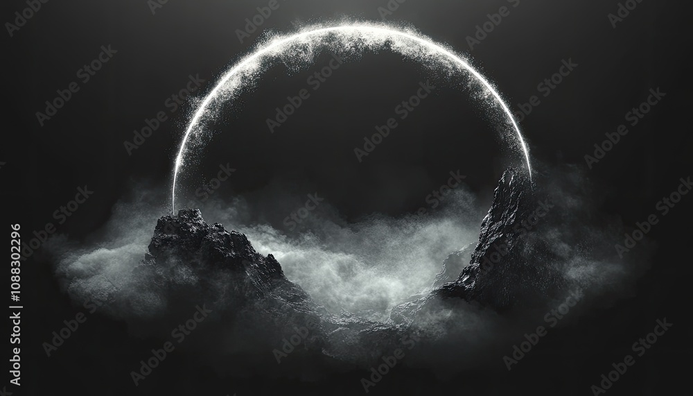 Poster abstract image of a glowing arc above a mountain range. this dramatic and moody image can be used fo