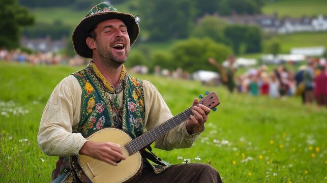 Welsh Man Serenading at a Lively Folk Festival in Green Meadow