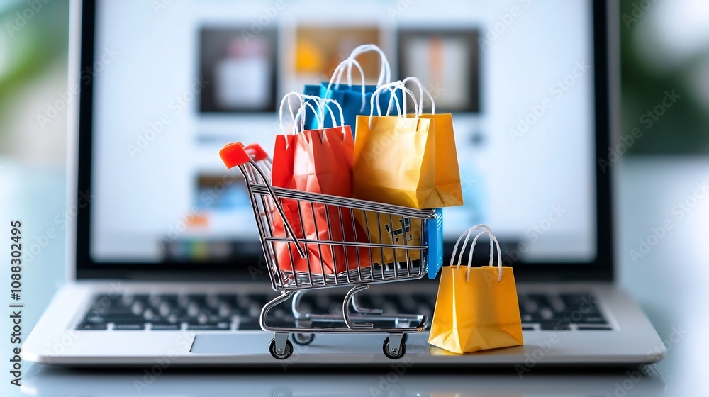 Poster A close up view of a compact shopping cart filled with vibrant bags and fragile marked boxes placed in front of a laptop screen showcasing an online retail website
