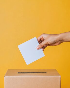 A hand is placing a blank ballot into a cardboard box against a vibrant yellow background, symbolizing voting and civic engagement.