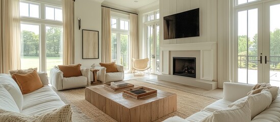 Fototapeta premium Modern living room with white furniture, fireplace, and large windows overlooking a green lawn.