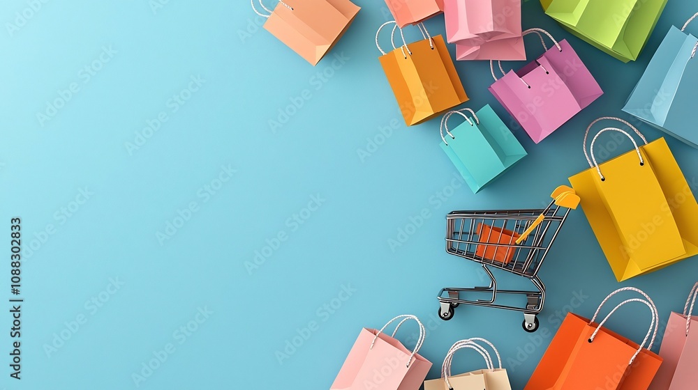 Poster minimalist and abstract design featuring a tiny shopping cart and colorful pastel bags scattered on 