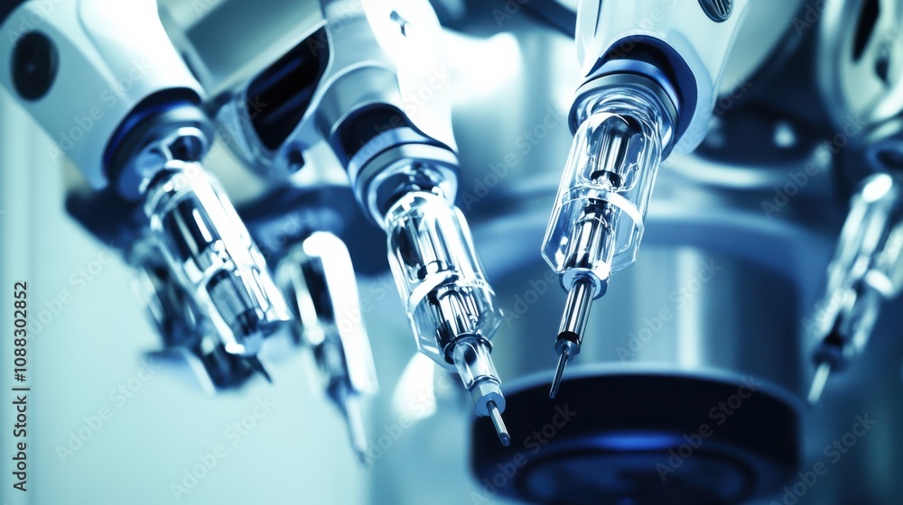 Aufkleber an extreme close-up of a robotic surgical instrument for minimally invasive surgery, showing precise