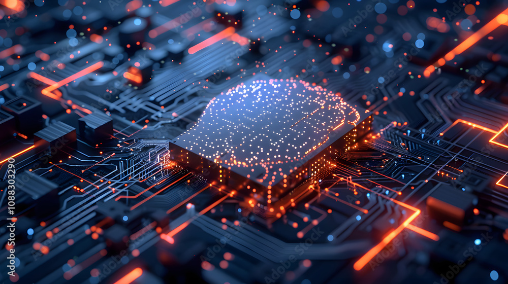 Aufkleber big data and artificial intelligence concept. human brain glowing from processor, symbolizing the fu