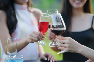 Asian women celebrate, meet and talk in bars. Tourist attractions, beautiful lights