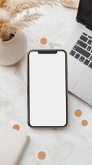 Top View of Smartphone with Blank Screen and Scattered Decor on Marble Surface