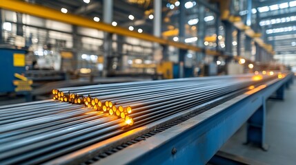 High definition close up image showcasing the intense heat and radiant glow of metal rods on a conveyor belt in an industrial factory setting