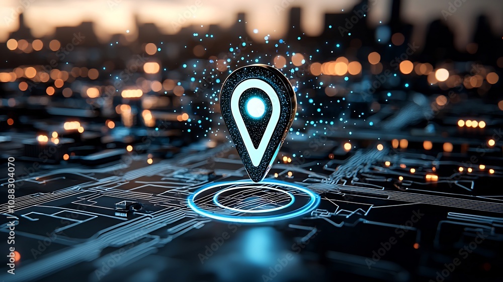 Poster Digital map pin illuminated with blue particles guiding along a glowing path on a dark background symbolizing advanced GPS technology and modern navigation systems