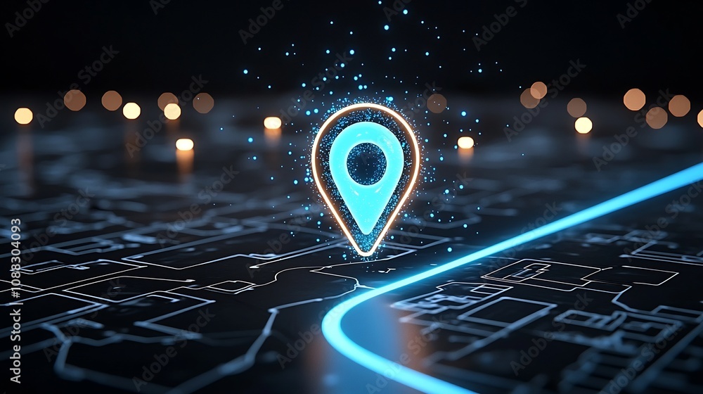 Poster Illuminated digital map pin shining with blue particles guiding along a glowing path on a dark background  Symbolizing advanced GPS technology and smart navigation systems