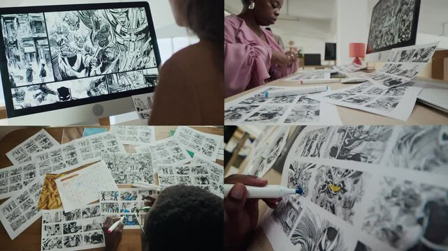 Split screen of professional digital and printed comics and storyboards creators working intently on new sequence of illustrations in creative art studio