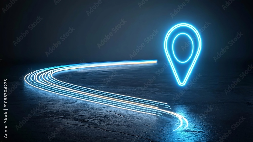 Aufkleber Neon blue navigation pin with a light trail on a dark background showcasing the theme of digital wayfinding and GPS accuracy  This minimalist