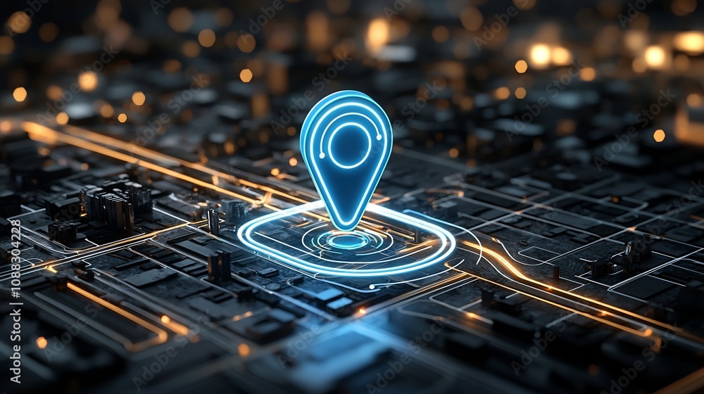 Poster neon blue navigation pin with light trail on dark digital backdrop showcasing precision gps tracking