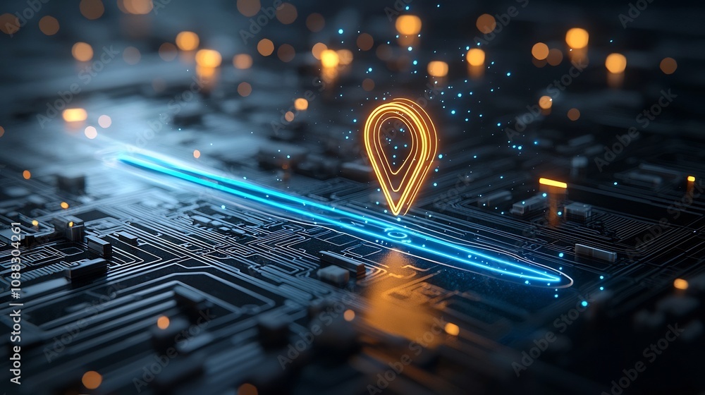 Aufkleber Holographic Location Pin Icon with Radiant Blue Line Tracing the Path for Technology Driven Navigation and Guidance