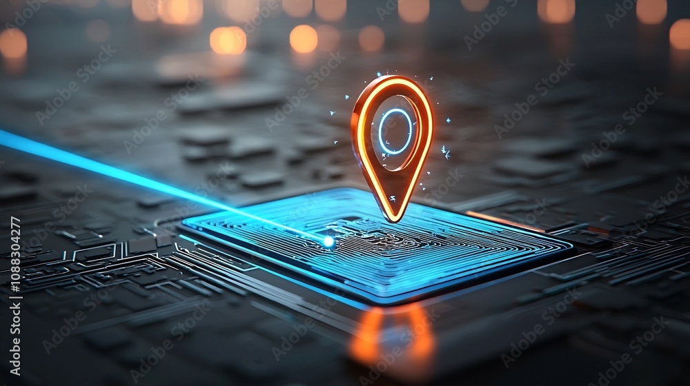 Aufkleber Holographic location pin icon with a sparkling blue line leading the way ideal for concepts of technology driven navigation digital mapping and futuristic wayfinding solutions