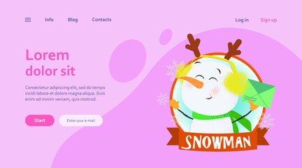 Christmas landing  tempplate with cartoon snowman holding envelope. Drawing of snowman in fluffy ears holding envelope in round frame on purple background. Can be used for postcards, greeting cards, l
