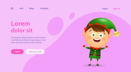 Happy Christmas elf wearing green costume. Landing page temaplate. Fairy tale, celebration, congratulation. Christmas concept. Vector illustration can be used for topics like holiday, childhood, event