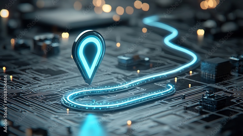 Fototapete glowing blue location symbol and winding digital navigation path representing concepts of tracking g