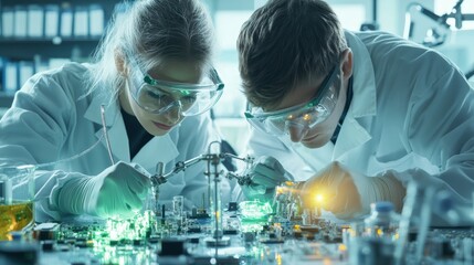 people in lab with magnifying glass in motherboard maintenance, repair.