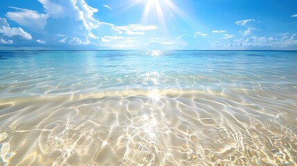 A golden beach with crystal-clear waters and soft white sand, under a bright, sunny sky.