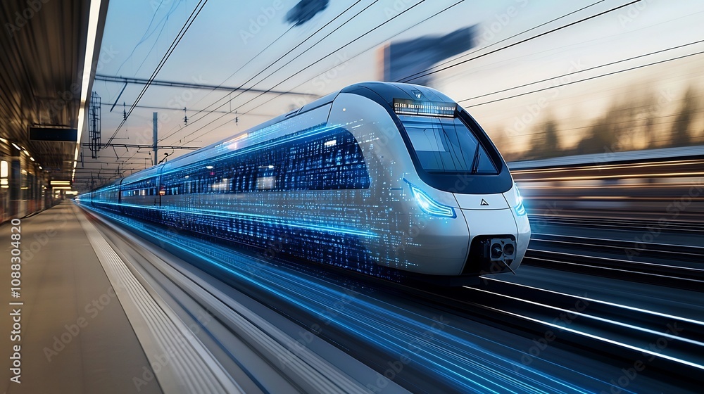 Poster Futuristic high speed train glowing in striking blue hues surrounded by dynamic digital light trails that symbolize the advanced technology and modern transportation of the future