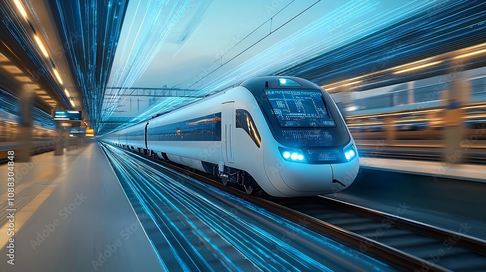 Poster a futuristic high speed train glowing in vibrant blue surrounded by dynamic digital light trails rep