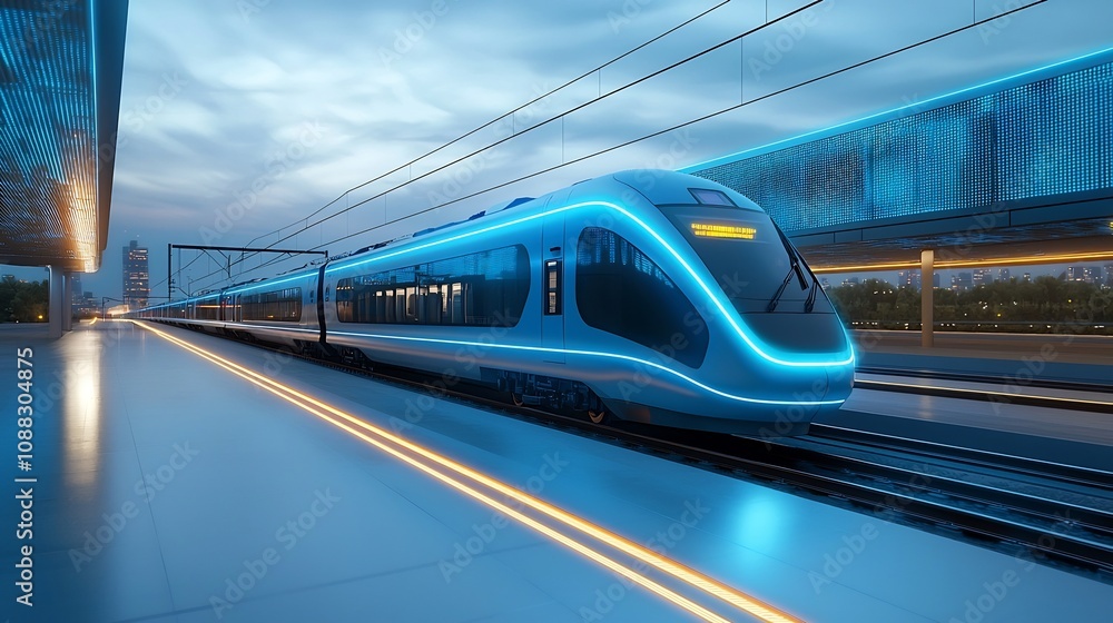 Wall mural Glowing blue high speed train symbolizing advanced rail transportation technology and the future of efficient futuristic digital age commuting on a dynamic digital background