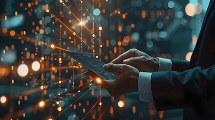 Blockchain technology, data encryption. Businessman using digital tablet with AI blockchain technology and data science, cloud computing, database management, innovative technology