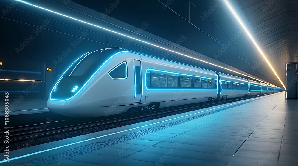 Poster high speed futuristic train concept with sleek blue neon lines symbolizing the advanced technology a