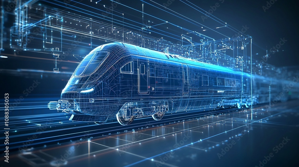 Poster powerful high speed train rendered in digital blue with light effects illustrating the theme of futu