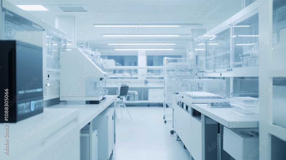 Aufkleber an innovative biotech lab with dna sequencing machines, sterile environment with bright white lighti