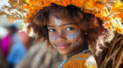 Celebrating Heritage: Madagascan Girl Adorned with Traditional Facial Markings at a Vibrant Village Festival with Earthy Tones