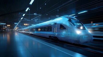 Powerful high speed train rendered in sleek digital blue with dynamic light effects showcasing the innovative and futuristic concept of advanced transportation solutions for the modern world