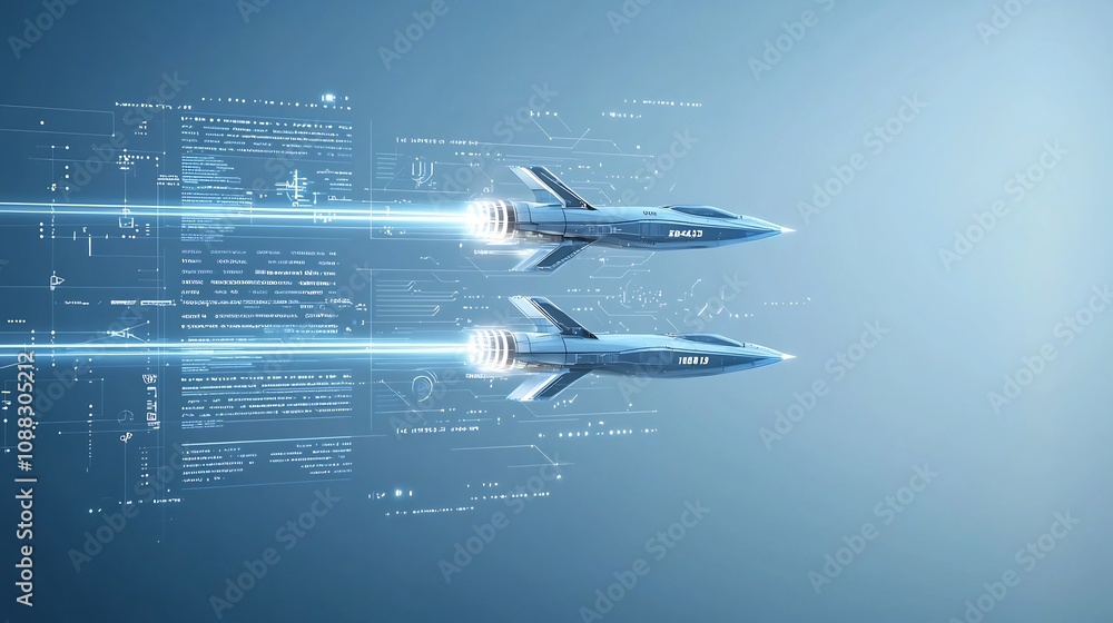 Poster Two sleek futuristic jets flying side by side in a digital blue space leaving luminous light trails as they soar through the air symbolizing the power of speed technology and innovative advancements