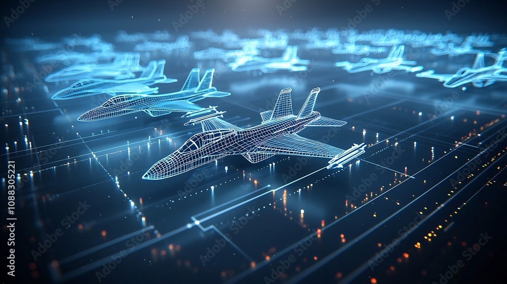 Poster blue neon style fighter jets maneuvering in a sleek and dynamic formation representing the latest ad