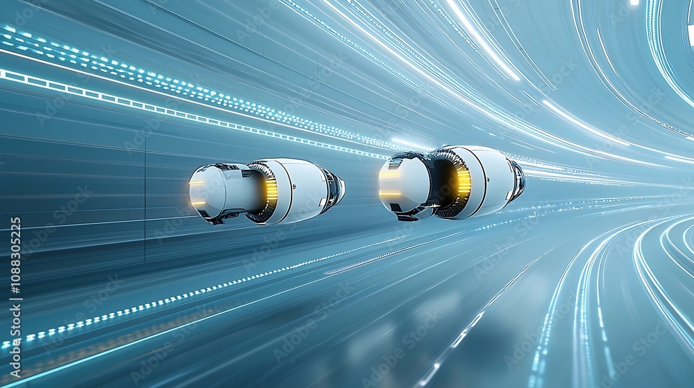 Poster two futuristic jet aircraft flying side by side in a sleek streamlined formation through a vibrant d