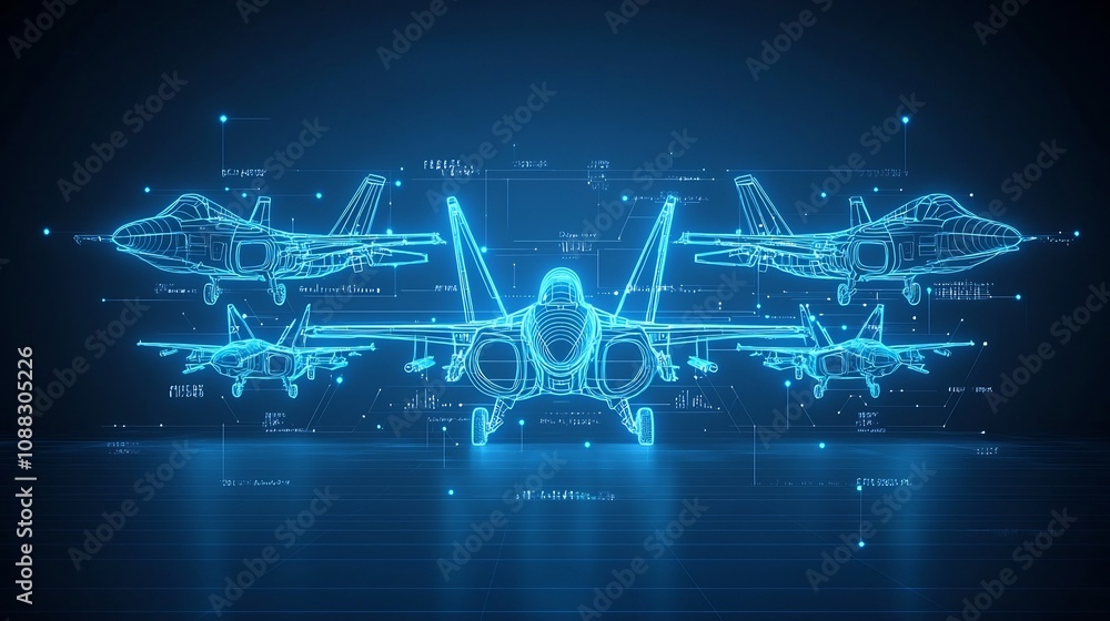 Poster futuristic blue neon style fighter jets soaring in a dynamic formation with glowing outlines and mes