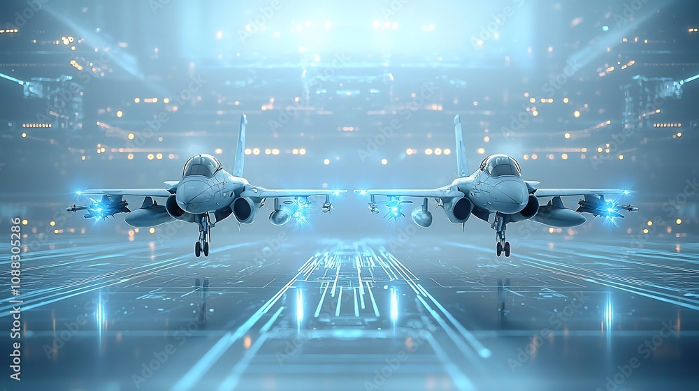 Aufkleber Two digitally rendered jets soar through a high tech environment their sleek fuselages glowing with vibrant blue lights as they leave mesmerizing laser like trails in their wake  This futuristic