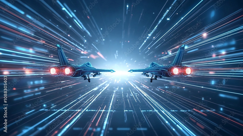 Aufkleber two high speed fighter jets soaring through a digital neon lit sky with vibrant blue lighting effect