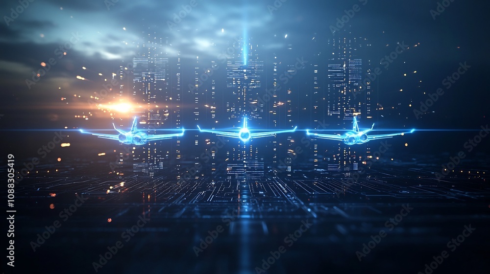 Aufkleber powerful conceptual jet planes glowing in vibrant blue hues soaring in perfect sync through a dynami