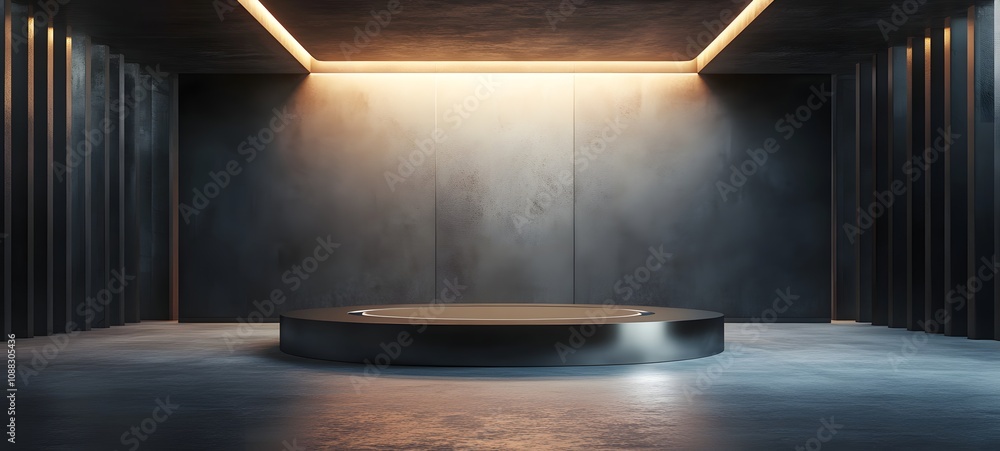 Poster 18. a high-end podium with a metallic surface, soft overhead lighting creating a calm atmosphere, an