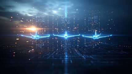Obraz premium Powerful conceptual jet planes glowing in vibrant blue hues soaring in perfect sync through a dynamic digital landscape filled with radiant light beams and an ethereal atmosphere
