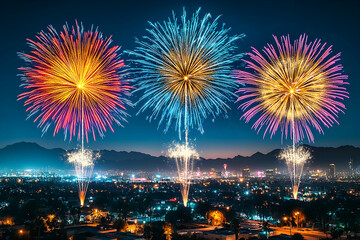 Vibrant fireworks display over city skyline at night. (1)