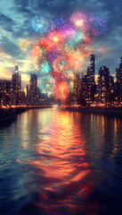 Vibrant fireworks display over city skyline reflected in water.