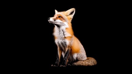 Obraz premium red fox sitting in the snow Over black Studio Background. Free Space.