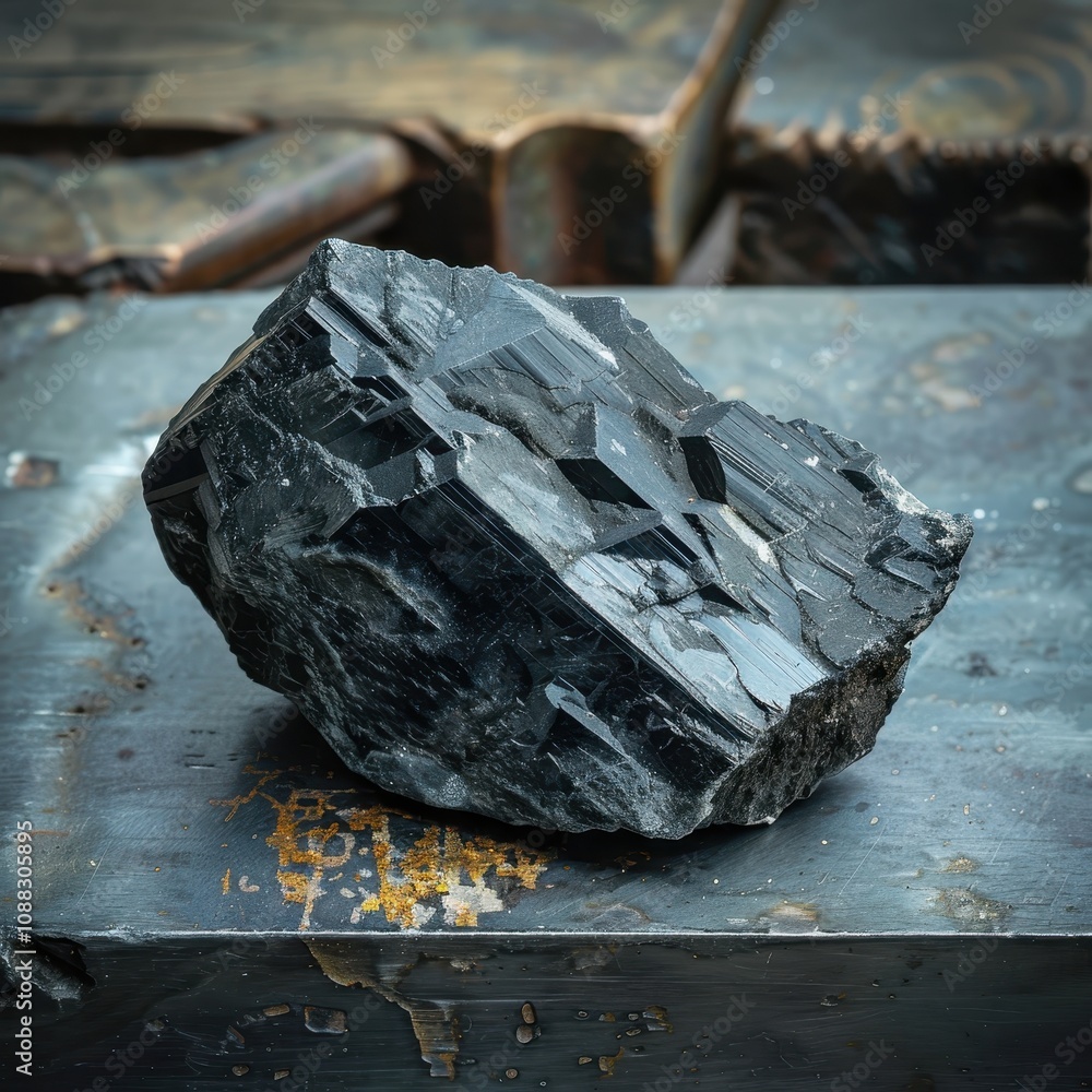 Poster a dark, textured mineral rock sits on a rough surface, showcasing its sharp edges and angular format